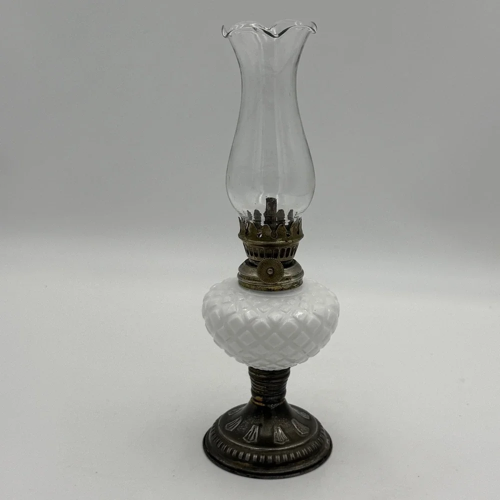 Vintage Miniature Milk Glass Oil Lamp White Hobnail Diamond Pattern Brass Base